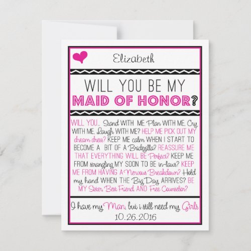 Will you be my Maid of Honor? Pink/Black Collage Invitation