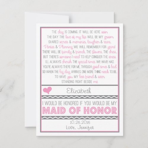 Will you be my Maid of Honor? Pink/Gray Poem Card