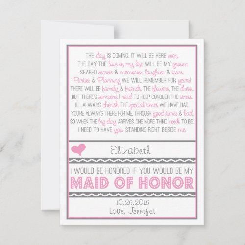 Will you be my Maid of Honor? Pink/Gray Poem V2 Custom Invitation