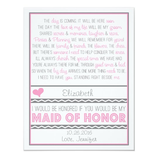 Will You Be My Maid Of Honor Pink Gray Poem V2 Invitation