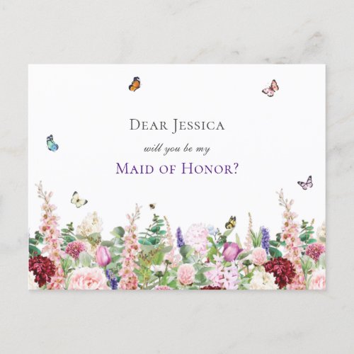  Will You Be My Maid of Honor  Pink Purple Floral Invitation Postcard