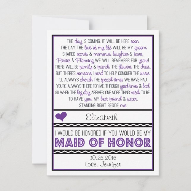 Will you be my Maid of Honor? Purple/Black Poem Invitation (Front)