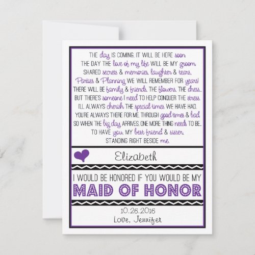 Will you be my Maid of Honor PurpleBlack Poem Invitation