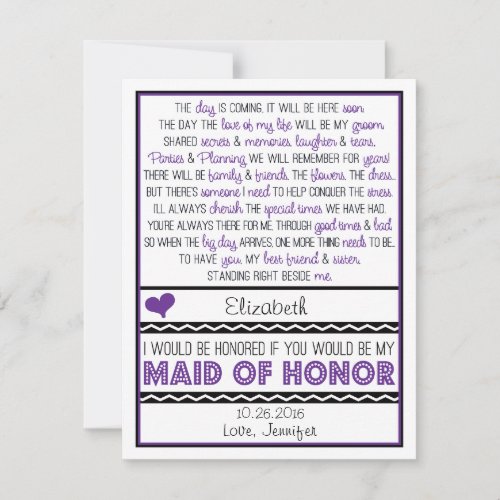 Will you be my Maid of Honor? Purple/Black Poem Personalized Announcement