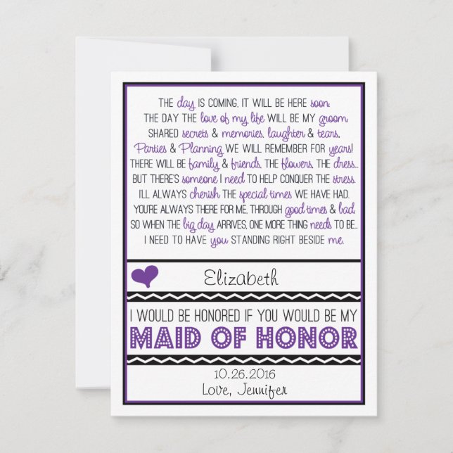 Will you be my Maid of Honor? Purple/Black Poem V2 Invitation (Front)