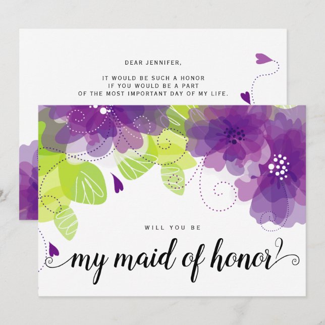 "Will you be my maid of honor" purple flowers card (Front/Back)