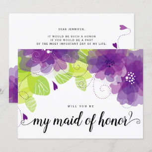 "Will you be my maid of honor" purple flowers card