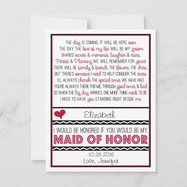 Will you be my Maid of Honor? Red/Black Poem V2 Invitation (Front)