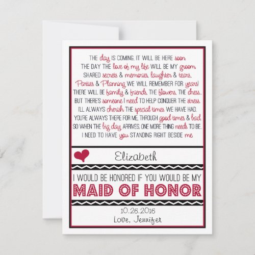 Will you be my Maid of Honor? Red/Black Poem V2 Personalized Announcement