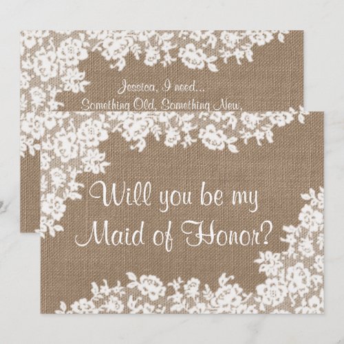Will You Be My Maid of Honor? Rustic Burlap &amp; Lace Cards