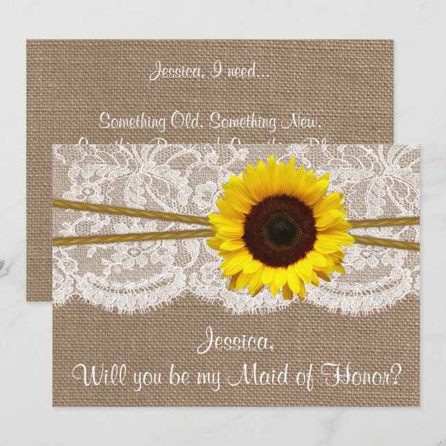 Will You Be My Maid of Honor? Rustic Sunflower Invitation (Front/Back)