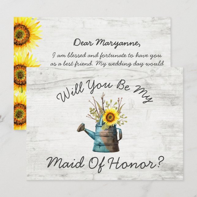 Will You Be My Maid Of Honor Sunflower Rustic Wood Invitation (Front/Back)