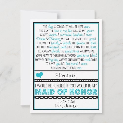 Will you be my Maid of Honor? Turquoise/Black Poem Custom Invitations