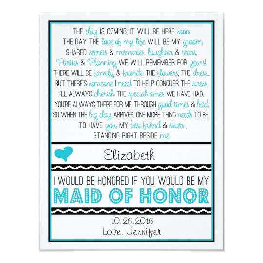 will you be my maid of honor turquoise black poem invitation