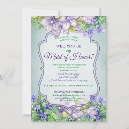 Will You Be My Maid of Honor Wedding Lilac Violets Invitation