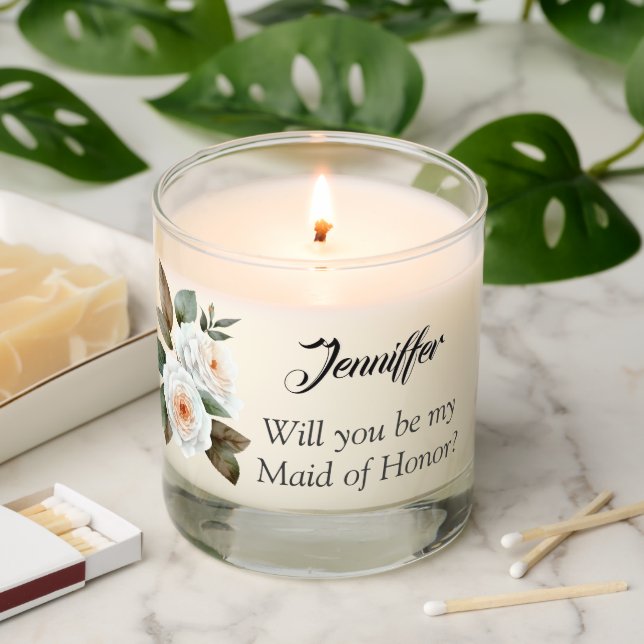 Will you be my Maid of Honor White Rose Floral Scented Candle (Lit)