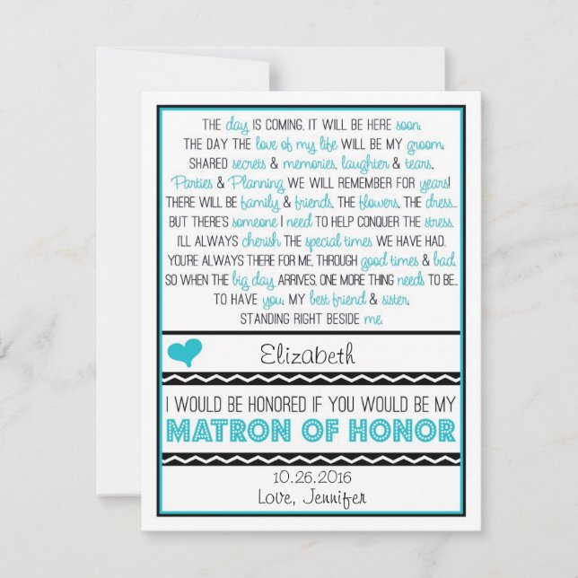 Will you be my Matron of Honor? Blue/Black Poem Invitation (Front)