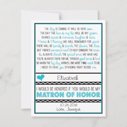 Will you be my Matron of Honor? Blue/Black Poem V2 Custom Invitation