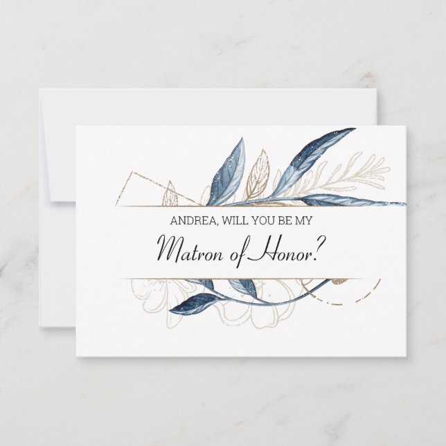 Will You Be My Matron of Honor Blue Gold Modern (Front)