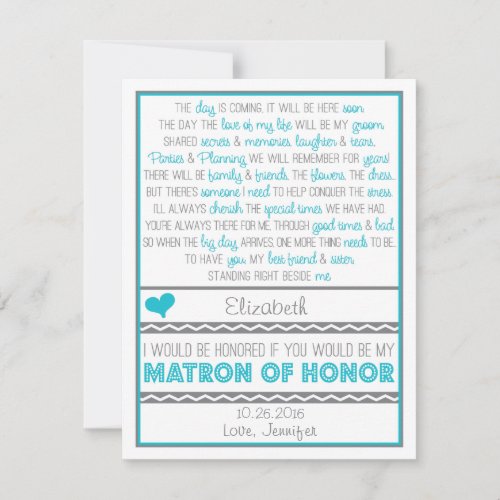 Will you be my Matron of Honor? Blue/Gray Poem Personalized Invite