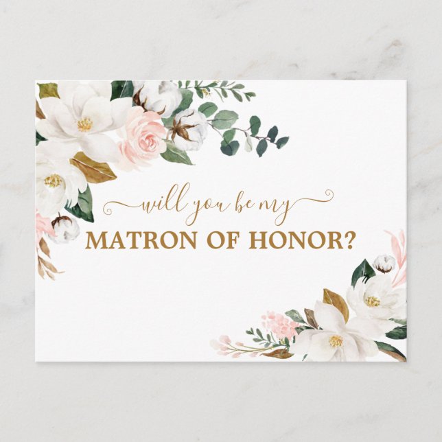 Will You Be My Matron of Honor Blush Pink Floral Postcard (Front)