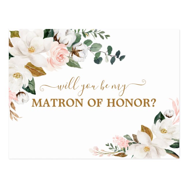 Will You Be My Matron of Honor Blush Pink Floral Postcard