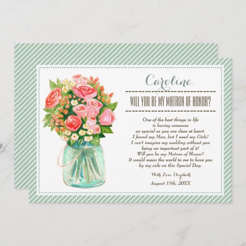 Will you be my Matron of Honor Mason Jar Floral Invitation