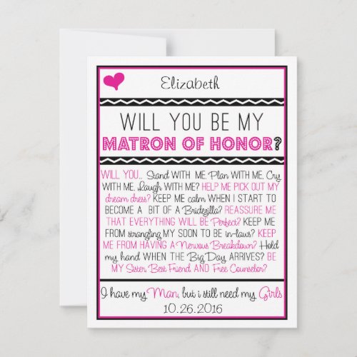 Will you be my Matron of Honor PinkBlack Collage Invitation