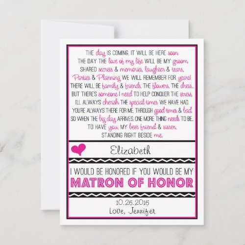 Will you be my Matron of Honor? Pink/Black Poem Custom Invitations