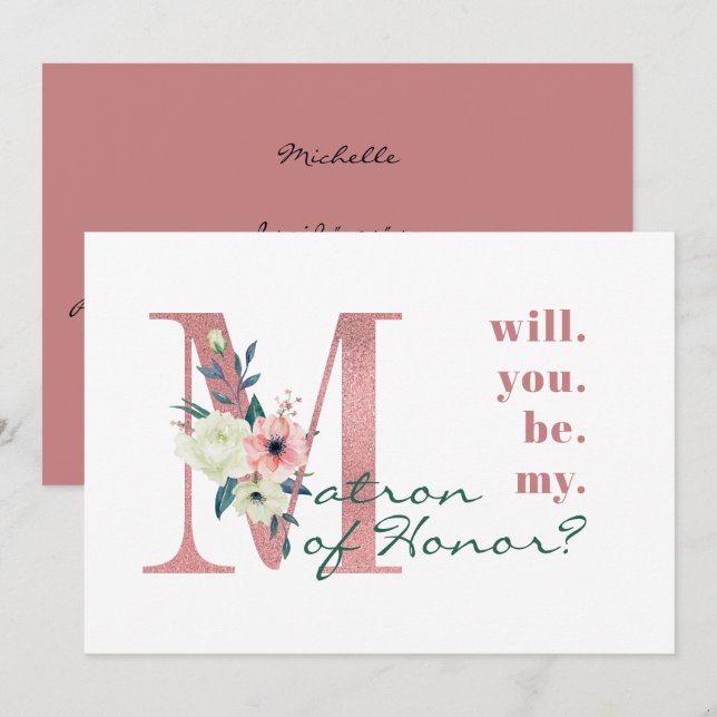 Will you be my Matron of Honor Pink Floral Letter Invitation (Front/Back)