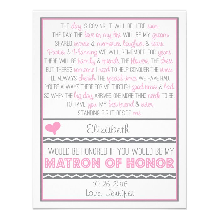Will you be my Matron of Honor? Pink/Gray Poem Custom Invitations