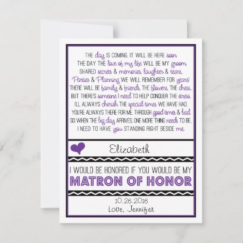 Will you be my Matron of Honor PurpBlack Poem V2 Invitation