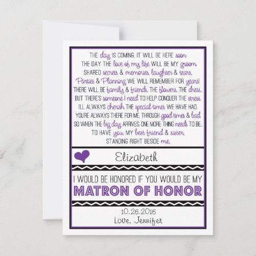 Will you be my Matron of Honor? Purple/Black Poem Custom Invitations