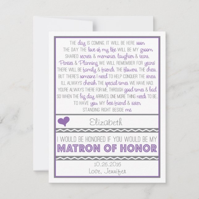 Will you be my Matron of Honor? Purple/Gray Poem Invitation (Front)