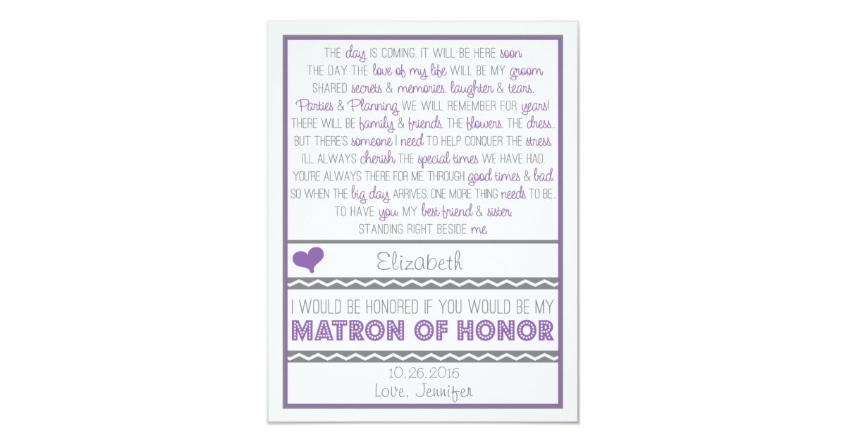 Will You Be My Matron Of Honor Purple Gray Poem Invitation