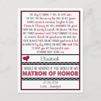 Will You Be My Matron Of Honor? Red/black Poem Invitation by weddingsnwhimsy at Zazzle