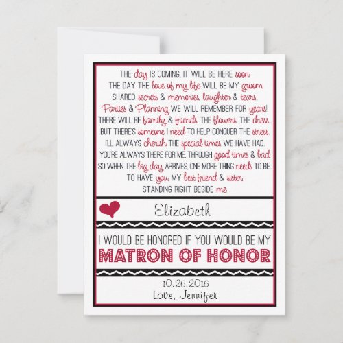 Will you be my Matron of Honor? Red/Black Poem Custom Invite