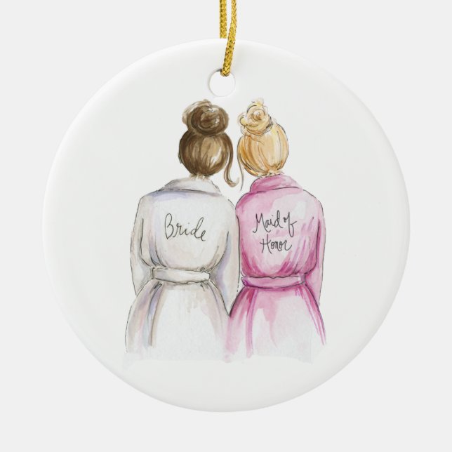 Will you be my MOH? Br Bun Bride Bl Bun Maid Ceramic Ornament (Front)