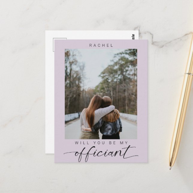 Will you be my Officiant Purple Photo Modern Postcard (Front/Back In Situ)