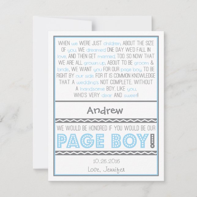 Will you be my Page Boy? Baby Blue/Gray Poem Card (Front)