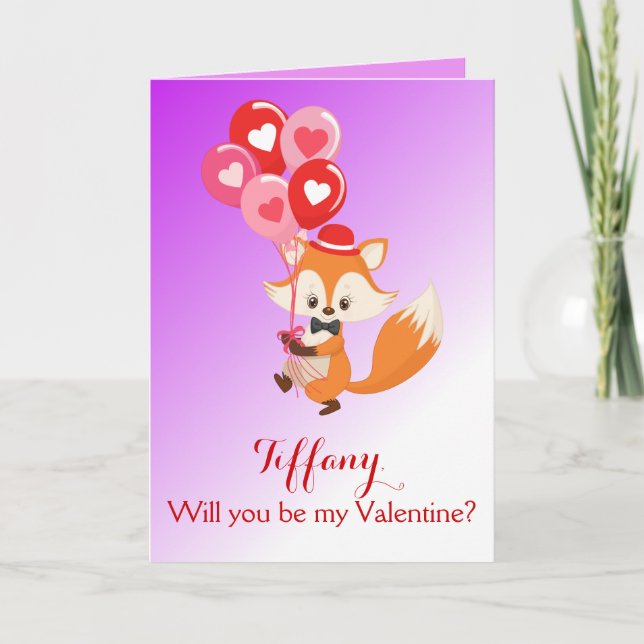 Will you be my Valentine Fox with Balloons Holiday Card (Front)