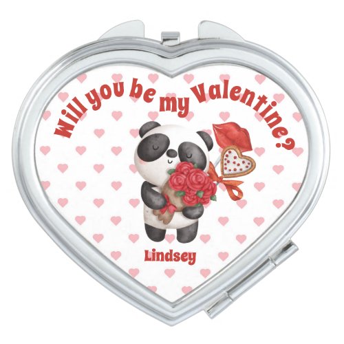 Will You Be My Valentine Panda Bear Personalized Compact Mirror
