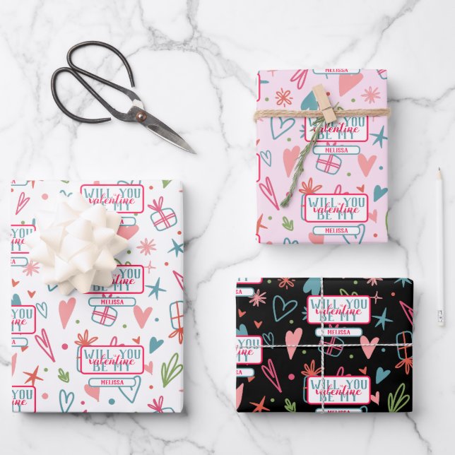 Will You Be My Valentine Pattern Wrapping Paper Sheets (Front)