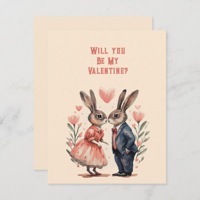 Will You Be My Valentine Rabbit Couple Note Card (Front/Back)