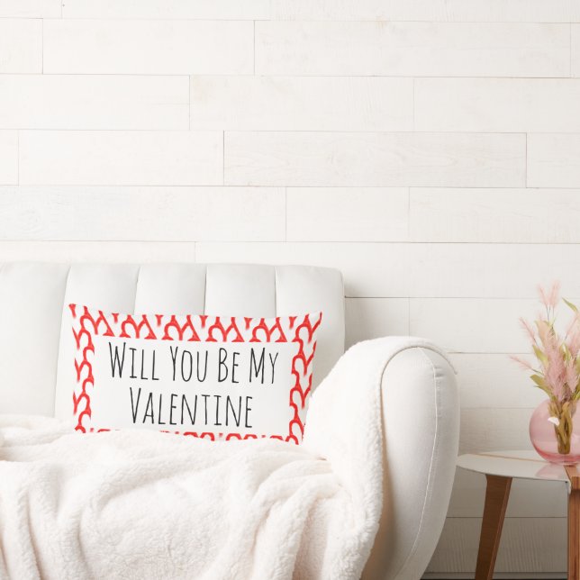Will You Be My Valentine Red Hearts Typography Lumbar Pillow (Couch)