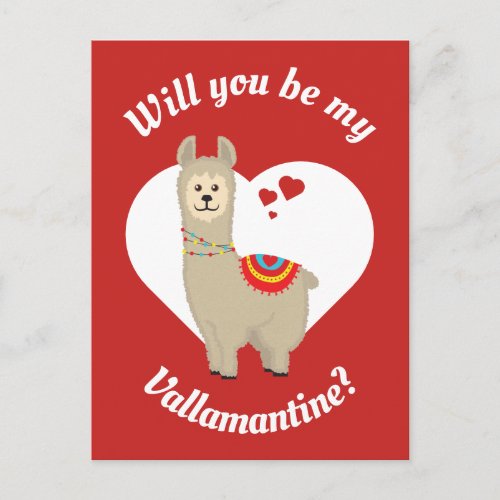 Will you be my Vallamantine Llama Valentines Postcard