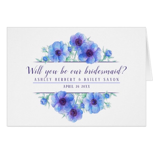 Will you be our bridesmaid anemone blue card (Front Horizontal)
