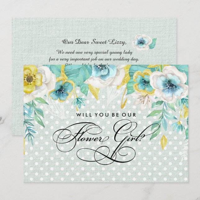 Will you be our Flower Girl? Mint Floral Burlap Invitation (Front/Back)