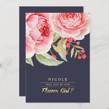 Will You Be Our Flower Girl? Navy Blue Floral Invitation by YourWeddingDay at Zazzle