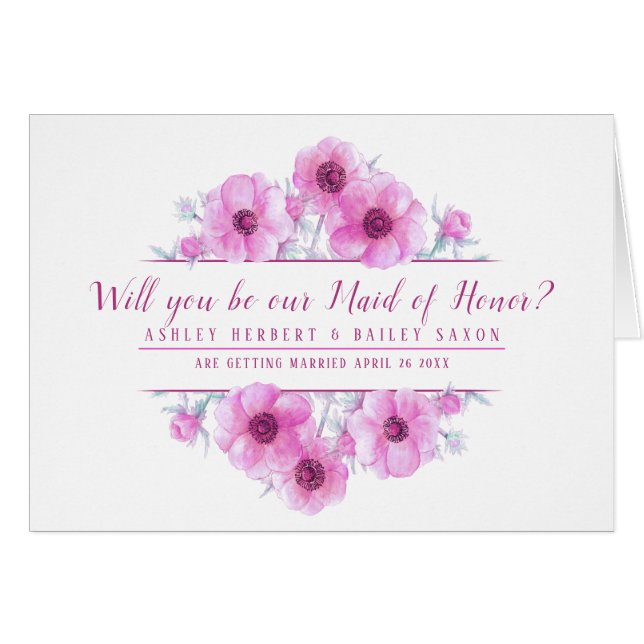 Will you be our maid of honor pink flowers card (Front Horizontal)